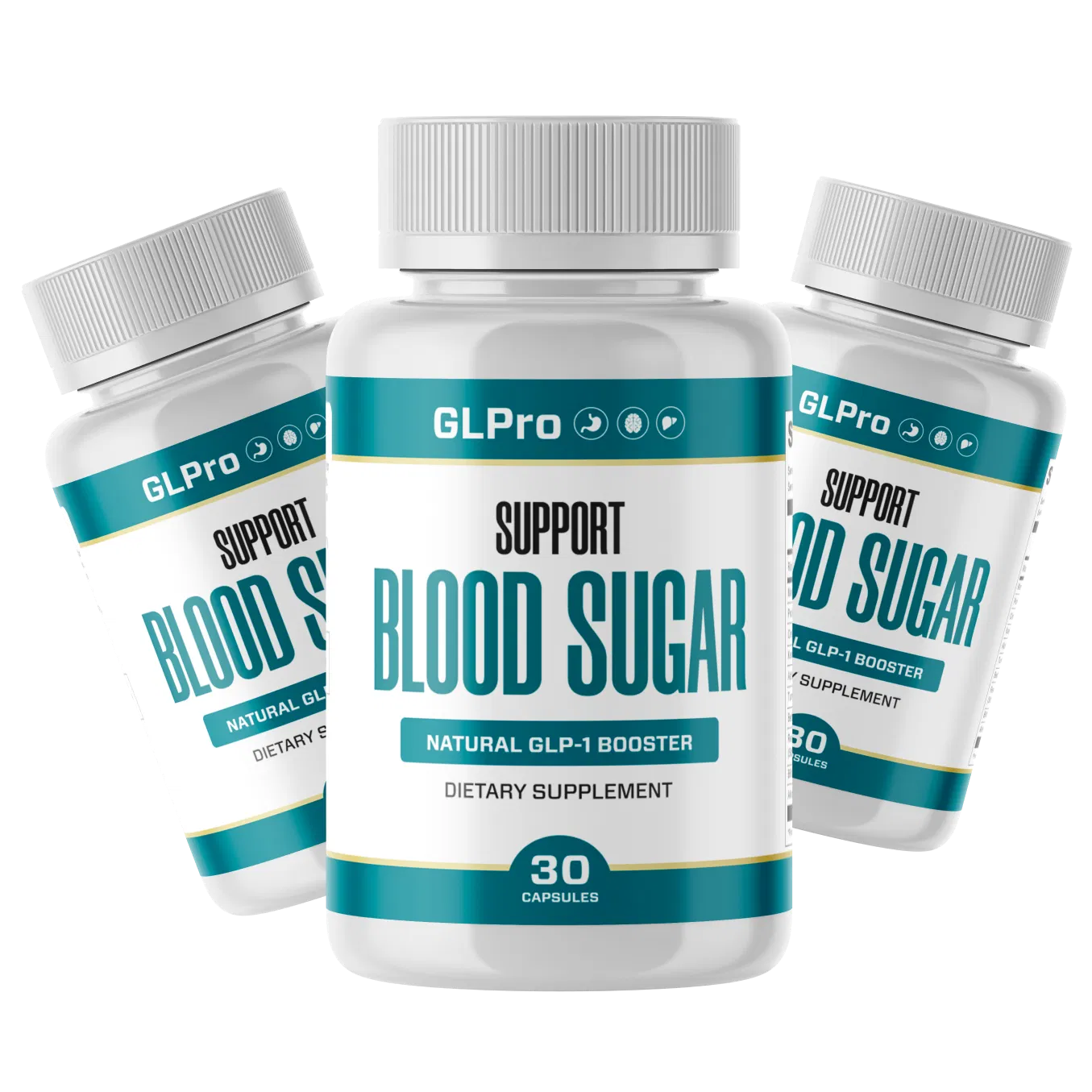 GLPro Natural Blood Sugar Support supplement bottles — three-bottle pack